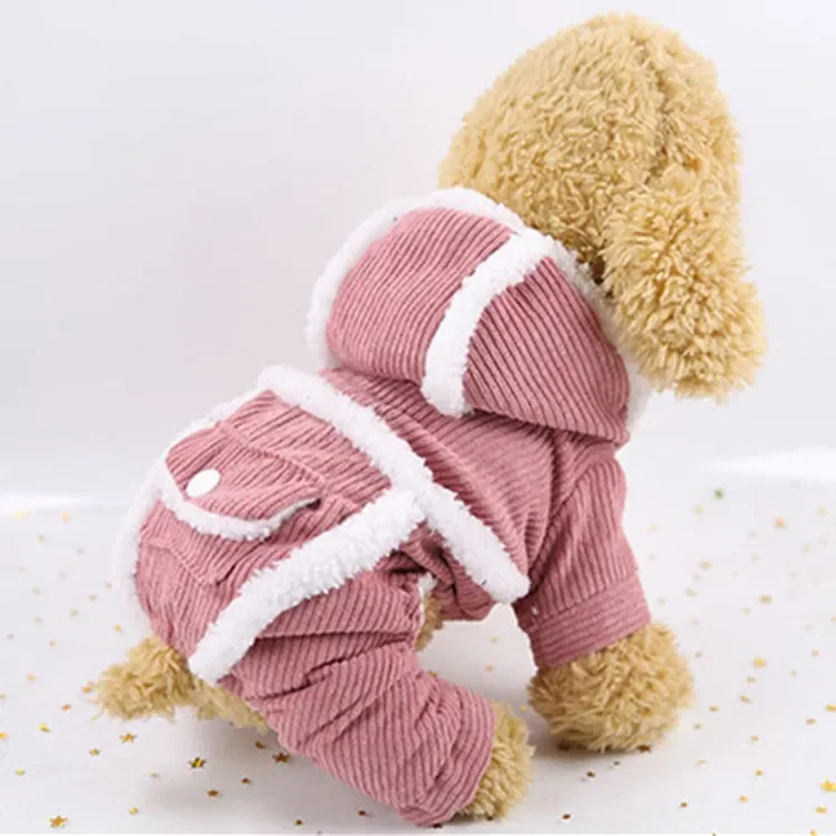 Abrigo de invierno para perros de pana de doble capa, chaqueta gruesa y cálida para perros y gatos pequeños y medianos, traje para cachorros con capucha y forro polar - imagen 4