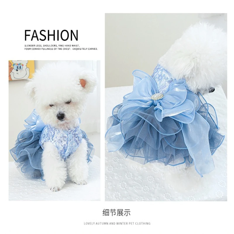 Ropa para perros primavera y otoño falda de princesa para gatos vestido de novia de galaxia azul suministros para mascotas de peluche para perros pequeños - imagen 5