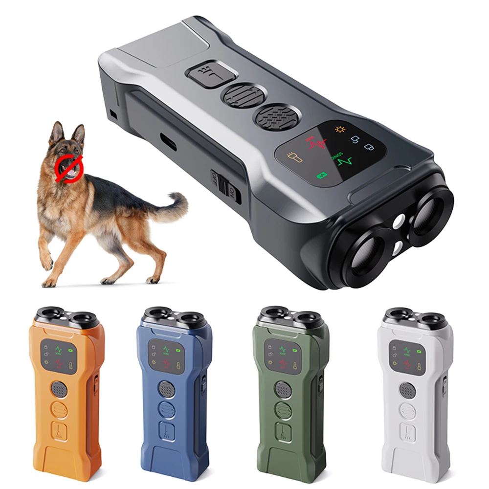 Repelente ultrasónico para perros de 15-30Khz, dispositivo de entrenamiento para perros recargable, entrenador portátil antiladridos con linterna LED de 2 cabezales