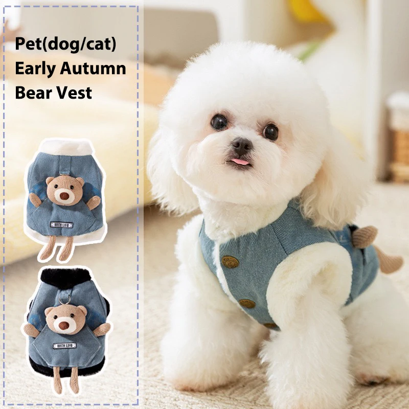 Chaleco vaquero de lana para invierno, abrigo para perros pequeños, muñeco de oso Chihuahua, ropa bonita para Gato, sudadera para cachorros al aire libre de Año Nuevo, monos