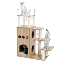 Árbol para gatos grandes moderno con torre de madera y poste rascador