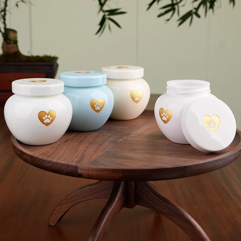 Urna pequeña para mascotas, tarro de cerámica con estampado de pata de gato, cubierta interior de silicona funeraria, ataúd de cerámica sellado a prueba de fugas, productos para recuerdos de mascotas - imagen 2