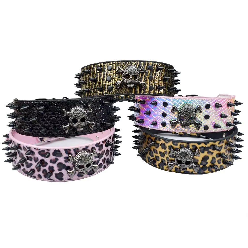 Collar de perro de cuero ajustable con tachuelas y pinchos con diseño de calavera Punk para perros medianos y grandes, suministros para gatos Pitbull Boxer