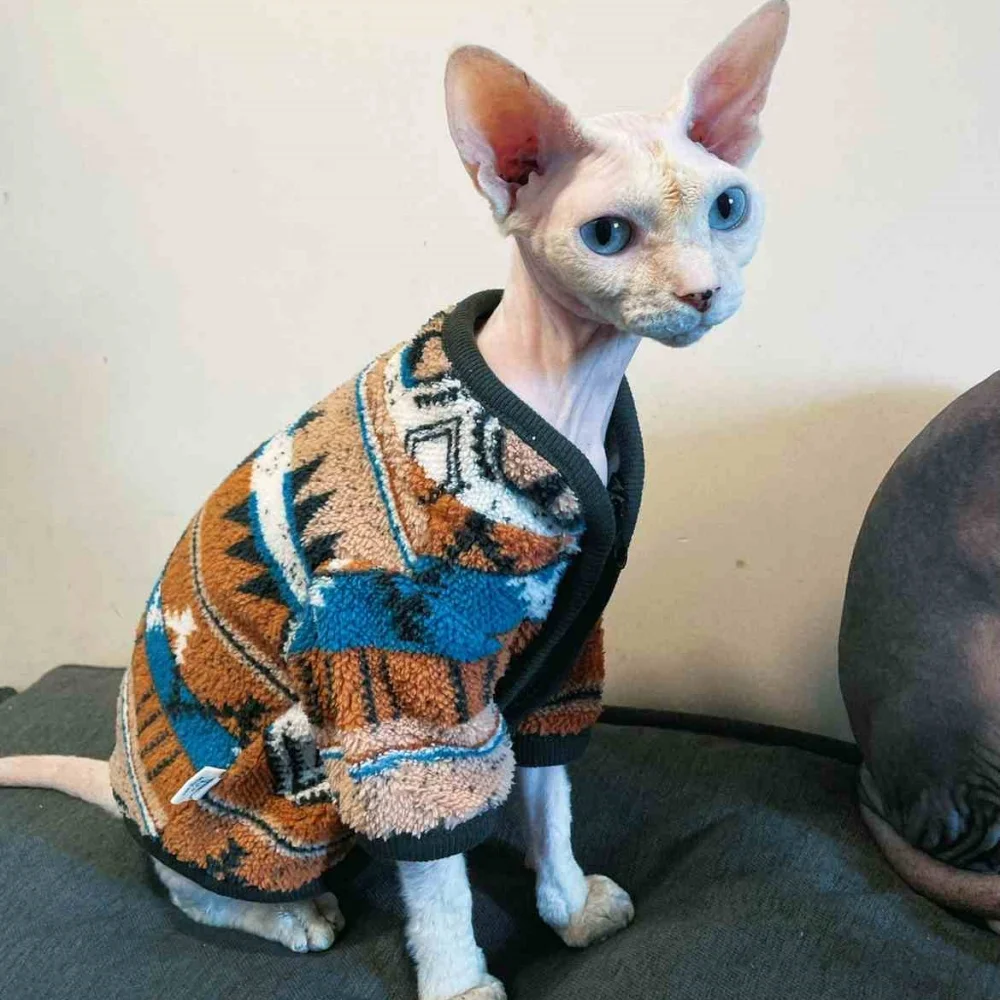Chaqueta con cremallera Chaqueta de suéter navideño vintage para gato sin pelo Abrigo de vellón cálido de invierno para pijama suave Sphynx Cat Devon Rex - imagen 2