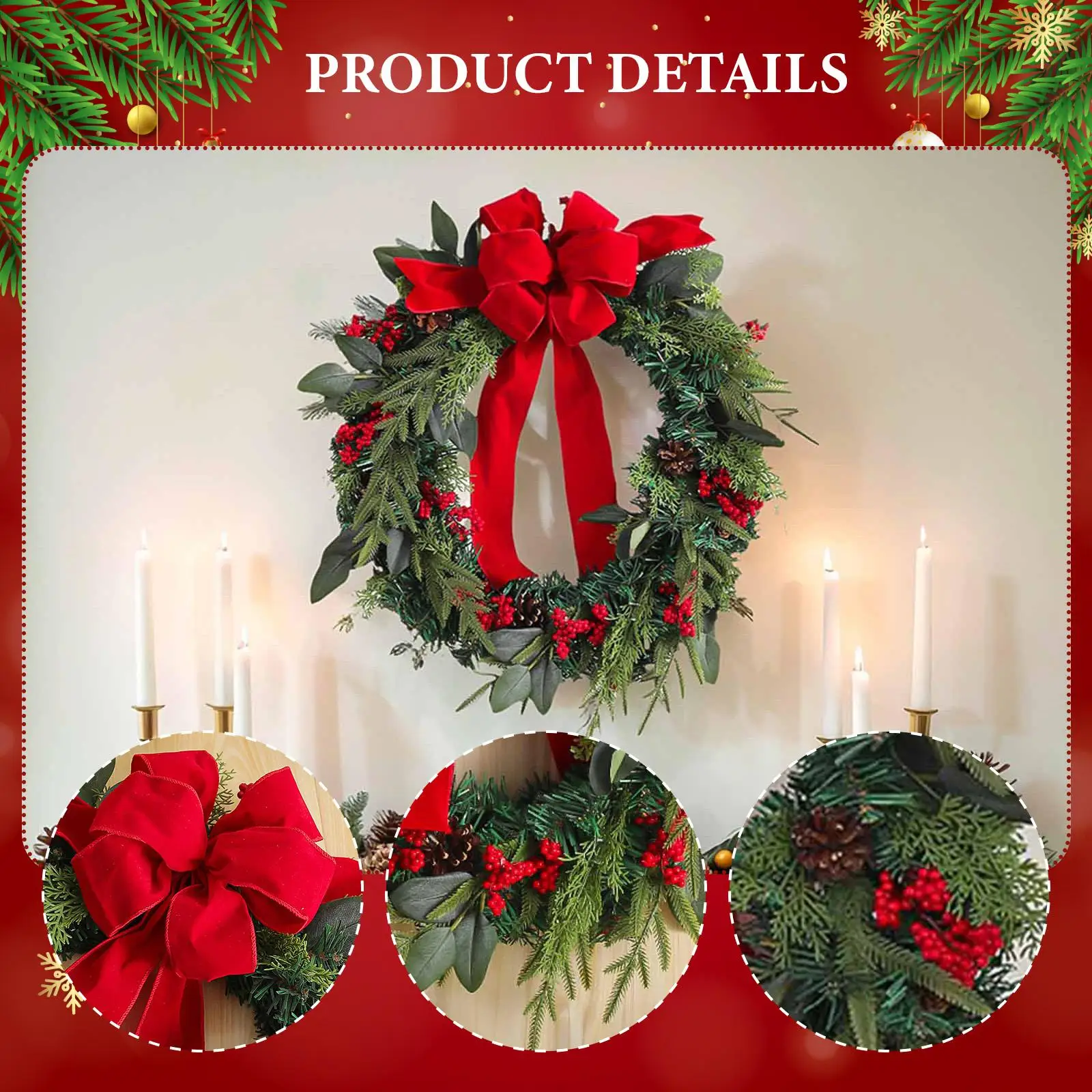 Front Door Christmas Wreath, Decorative Garland Wall Hanging Christmas Decor, Decoration for Farmhouse Holiday Fireplace Porch