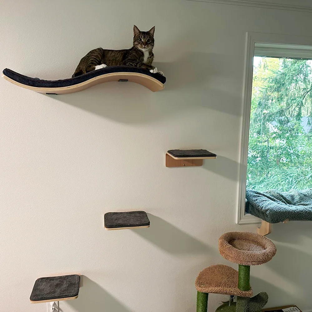Juego de estante de escalada montado en la pared para gatos, hamaca, perchas, escalera, escalones de madera maciza, torre de árbol para gatos, plataforma, estantes para saltar - imagen 2