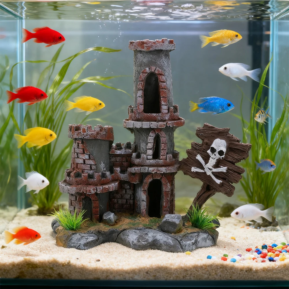 Castillo de simulación para acuario, adorno de paisajismo, decoración de Castillo de rocalla, adorno oculto de peces y camarones, accesorios para acuario, 1 ud.
