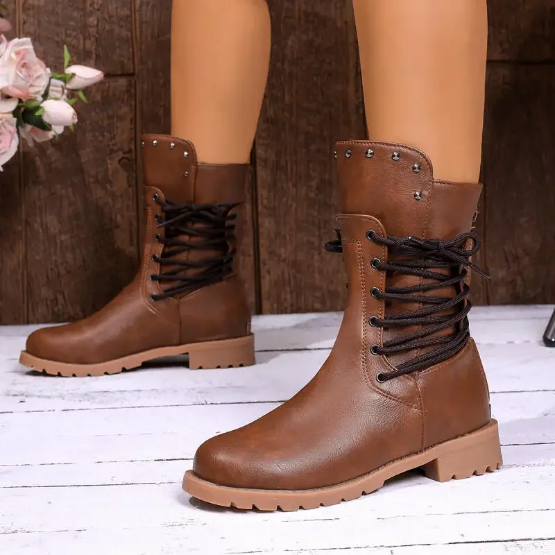 Bottines de Cowboy occidentales Vintage à bretelles croisées pour femme, bottines courtes à rivets Rock et talon épais, nouvelle collection hiver automne - imagen 2