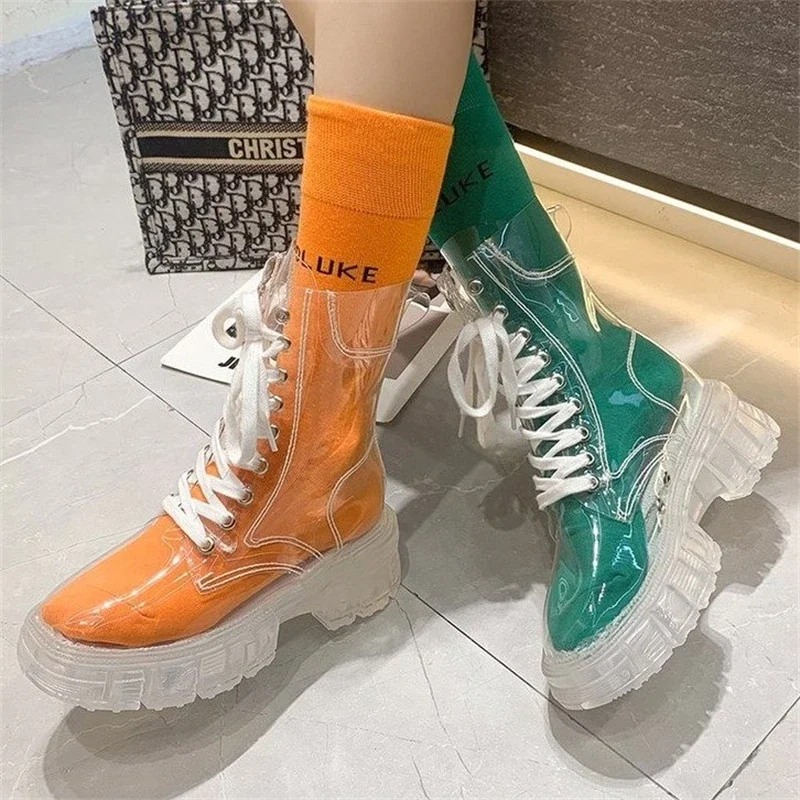 Botas de plataforma transparentes de Pu para mujer, botines impermeables, Botas de lluvia de fondo grueso transparente, zapatos sexys para mujer, moda 2022 - imagen 2