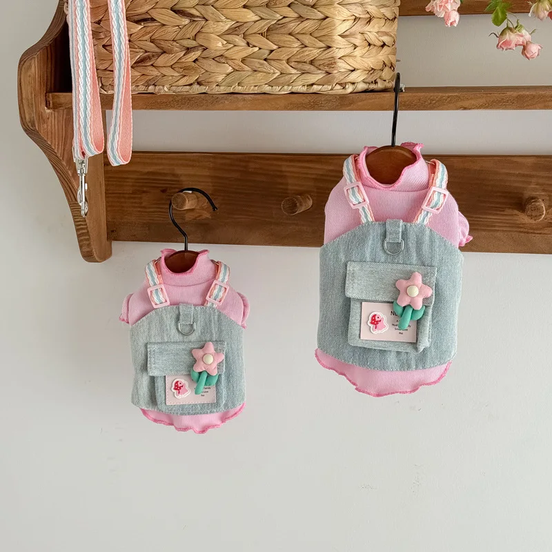 Lindo chaleco vaquero para perros de otoño, conjunto de vestido con correa para perros pequeños, Chihuahua, cachorro Bichon caniche, ropa para exteriores - imagen 5
