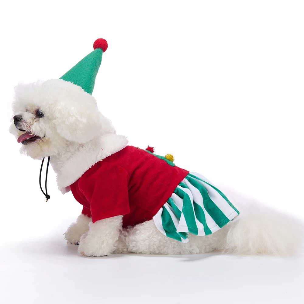 Conjunto de vestido navideño para perros con falda de rayas verdes y top rojo con sombrero, disfraz de invierno de forro polar cálido, traje de vacaciones para mascotas pequeñas y grandes - imagen 5
