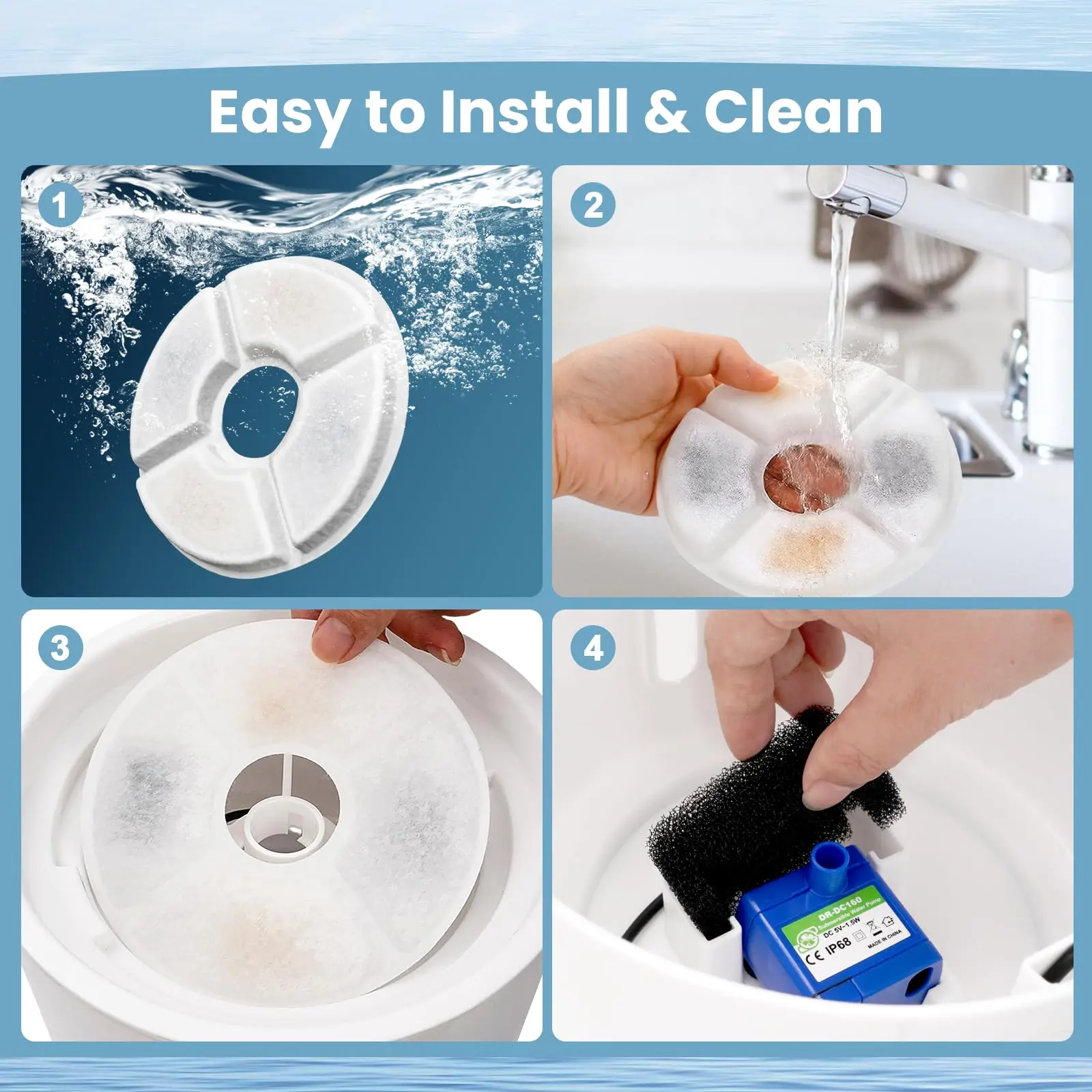 Reemplazo de filtro de fuente de agua para gatos, juego de filtros de carbón redondos para fuente automática superior para mascotas de 2,4 L, sistema de filtración múltiple