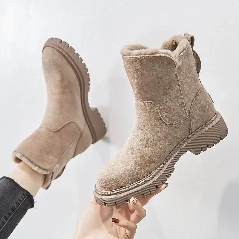 Botas de nieve para mujer, botines de invierno de tubo medio, además de terciopelo grueso, cálidos, de algodón, con plataforma de moda integrada de piel, 2024 - imagen 3