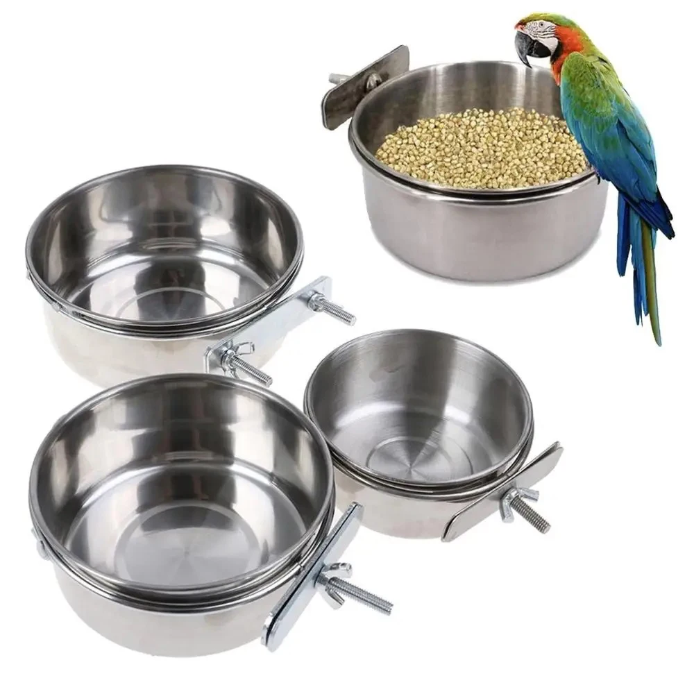 Plato de comida para mascotas, loro, conejo, hámster, abbeador de agua con abrazadera de acero inoxidable, alimentador de pájaros, tazón de alimentación, jaula, tazón colgante