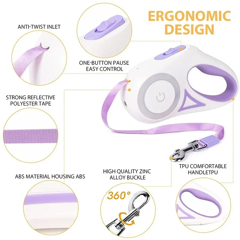 Correa retráctil automática para perros con luz LED, plomo de nailon luminoso para caminar de noche y correr, correa ajustable para mascotas con linterna