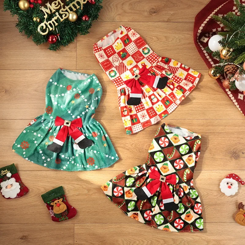 Traje cálido para mascotas para perros pequeños/medianos, vestido navideño para perros, falda de invierno de terciopelo cristalino con lazo, S–XL - imagen 2