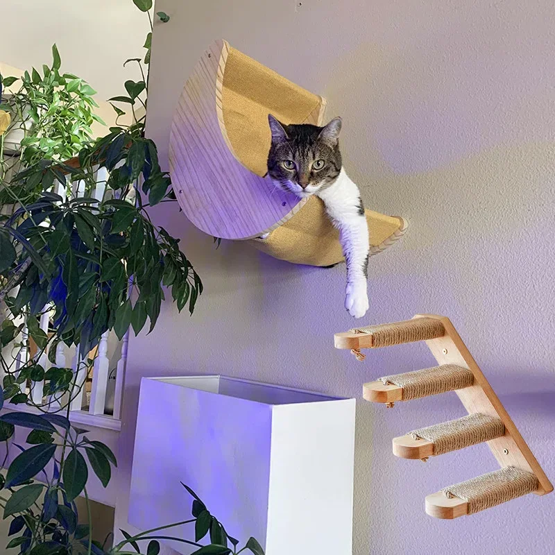 Estantes de escalada para gatos, hamaca para gatos, torre montada en la pared, casa colgante de pared tejida a mano para gatos, macramé, escalones y plataforma desmontables - imagen 2