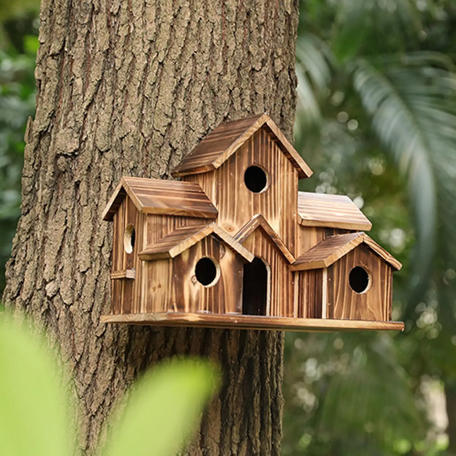 Wooden Bird House Bird Cage Garden Decor, Rustic Hanging Birds Hut Hummingbird Nest, Hanging Bird Feeder for Yard Outdoor