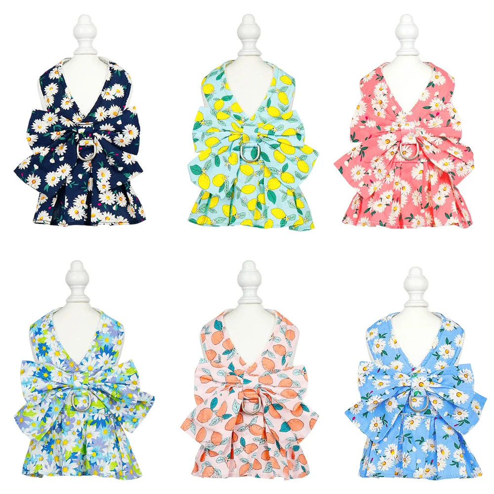 Conjunto de arnés y correa estilo vestido para perros pequeños, gatos, estampado dulce con lazo, correas para el pecho para mascotas, suministros para cachorros de primavera y verano