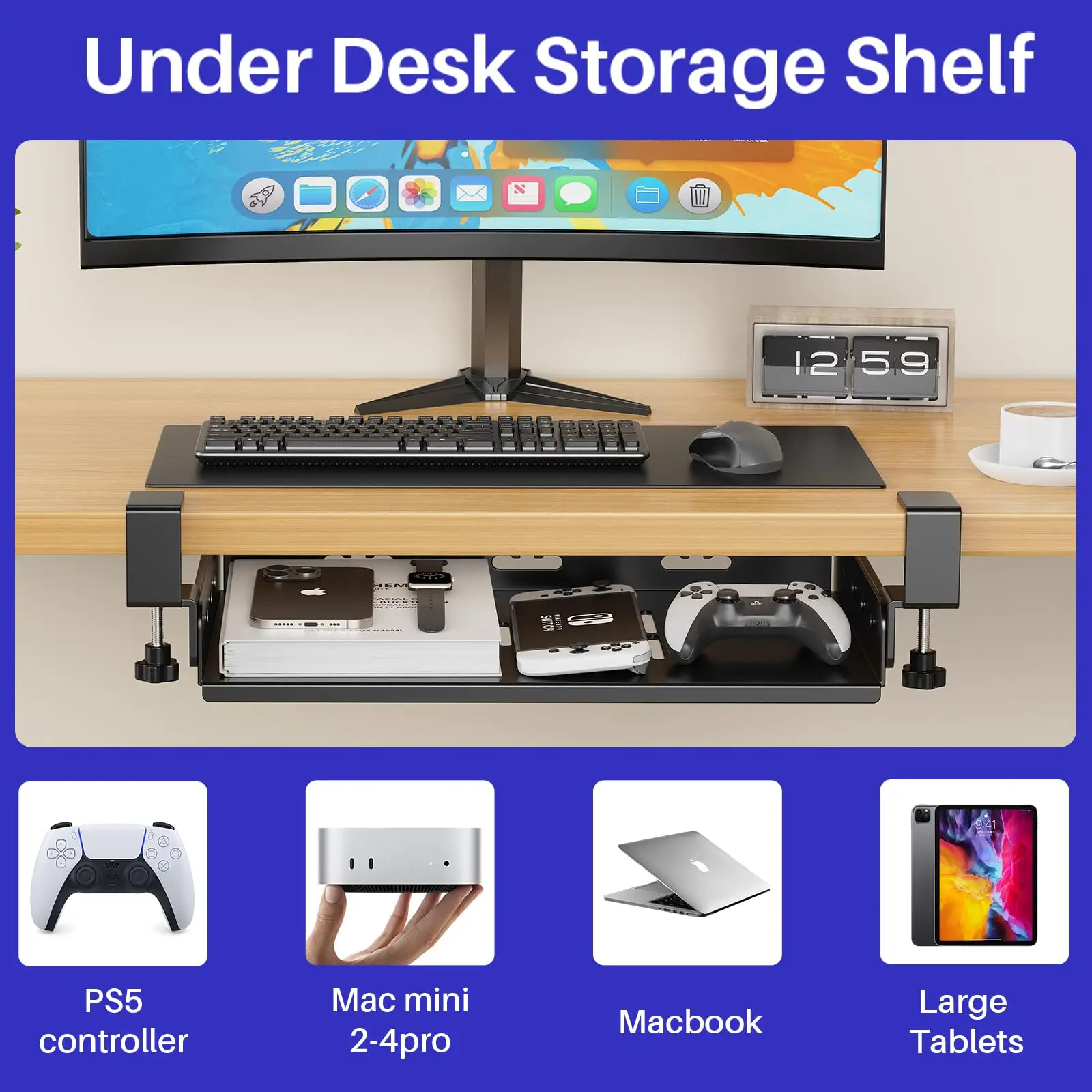 Soporte para computadora portátil sin taladro debajo del escritorio, estante de almacenamiento de metal debajo del escritorio con gestión de cables, bandeja de almacenamiento para computadora portátil para oficina, juegos