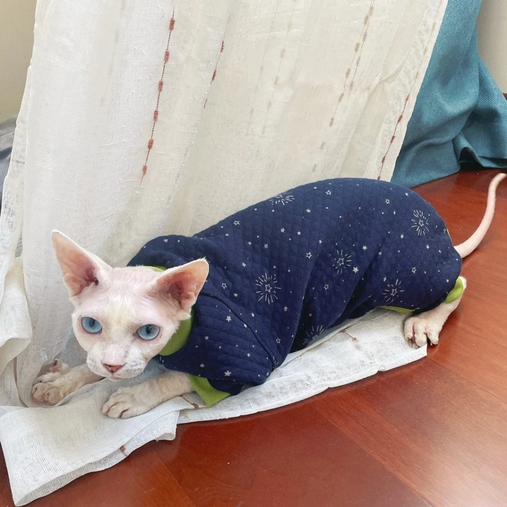 Sphynx Cat Clothes Blue Thick Cotton 4-legged Warm Loungewear para gatitos Perros pequeños Abrigo de invierno para Devon Rex Accesorios para gatos - imagen 4