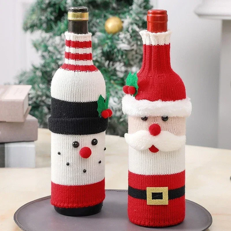Decoración navideña para el hogar, cubierta para botella de vino tinto, Papá Noel, muñeco de nieve, alce, cubiertas tejidas para botellas de vino, decoración para fiesta de Navidad, 2024 - imagen 3
