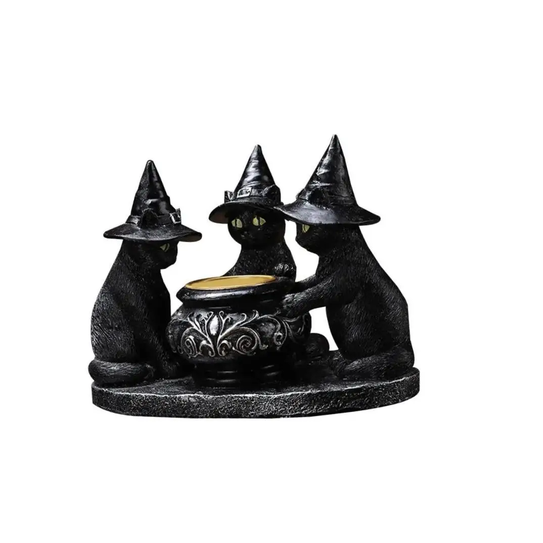 Black Cat Tealight Candle Holder, Halloween Candlestick Party Favor Resin Ornament Home Gothic Figurine for Dinner Fireplace