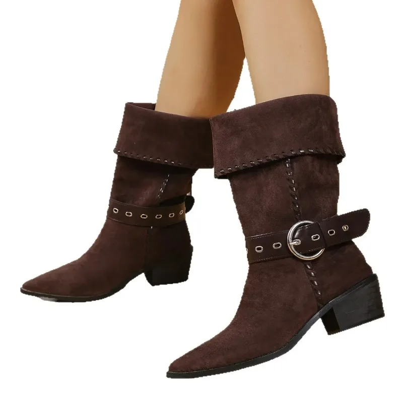 Botas de vaquero del oeste usables bidireccionales de tubo ancho para mujer, botas a media pantorrilla con punta puntiaguda y diseño abatible con cuello, tacón grueso versátil - imagen 5