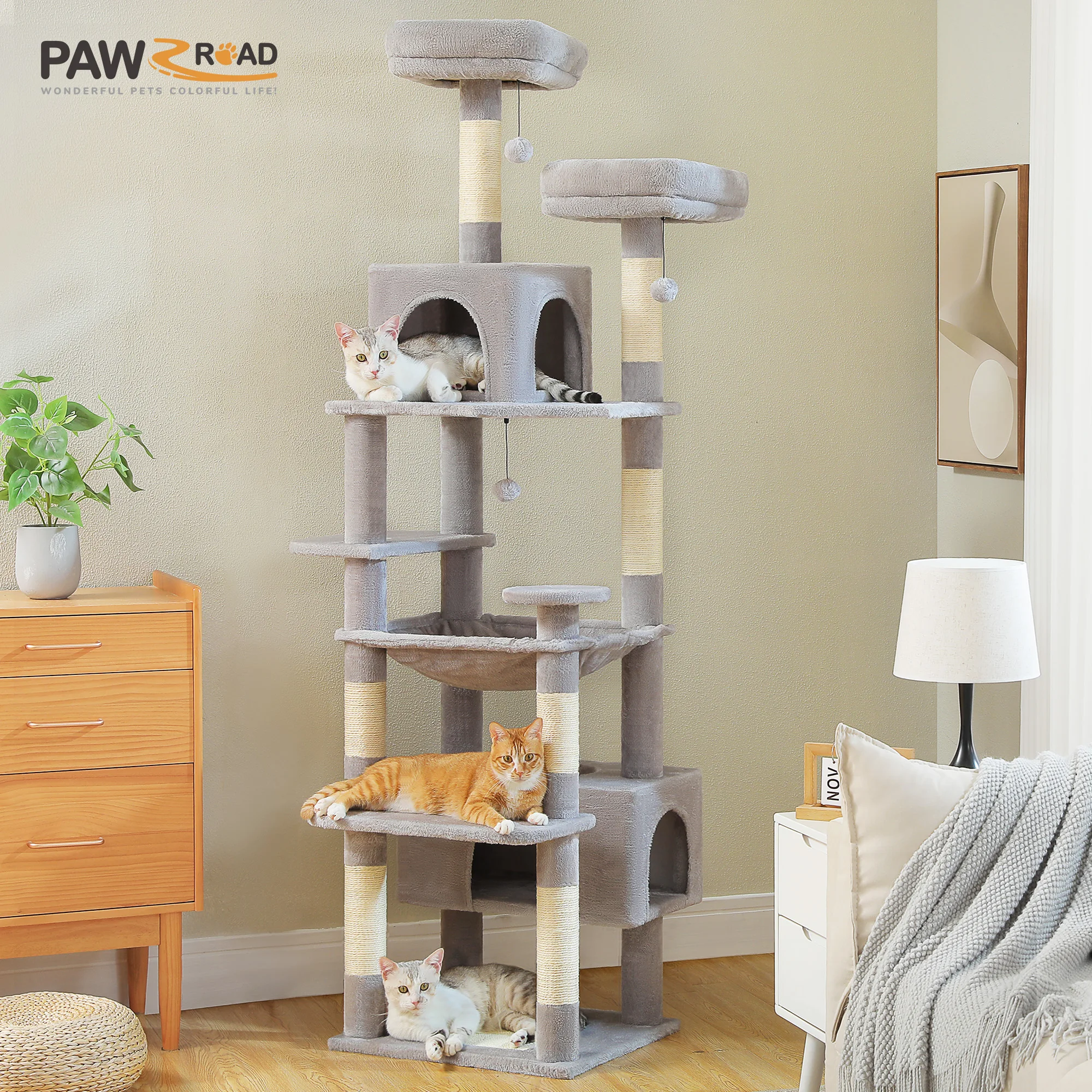 Stable Cat Tree with Natural Sisal Scratching Posts, Soft Hammock & Condo,Spacious Top Perch & Dangling Ball, Cat Tower,Cat Toys - imagen 5
