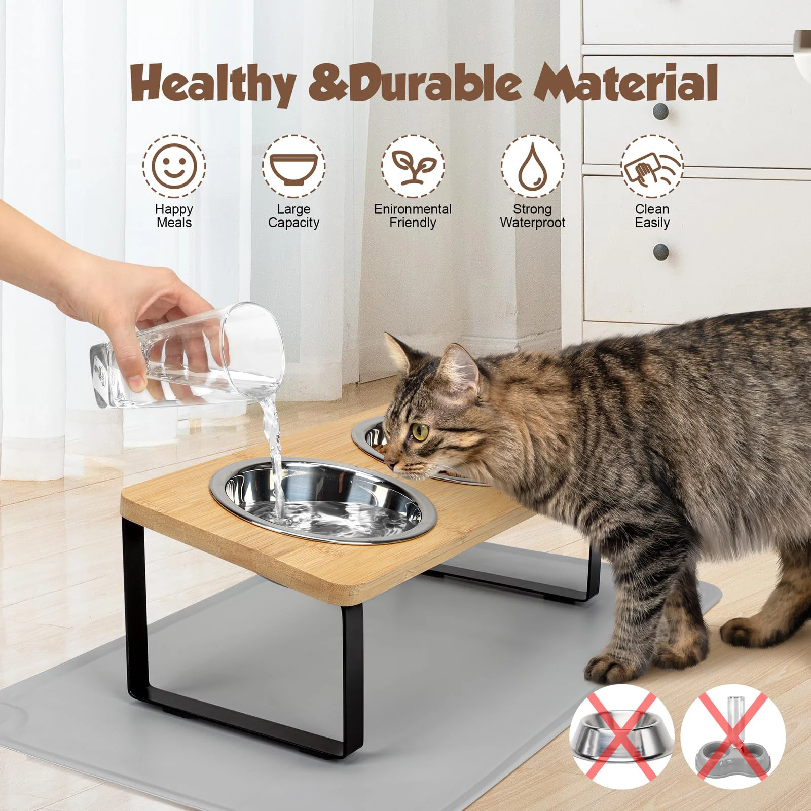 Cuencos elevados para gatos Comedero para mascotas 15 °   Cuencos de comida para gatos elevados inclinados con soporte de madera, 2 cuencos de acero inoxidable para gatos y cachorros - imagen 3
