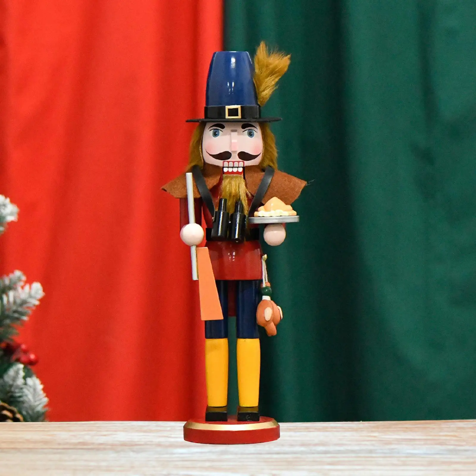 Wooden Hunter Nutcracker Ornament Decoration Sculpture Table Centerpiece Puppet Statue for Bedroom Party Shelf Festival Holidays