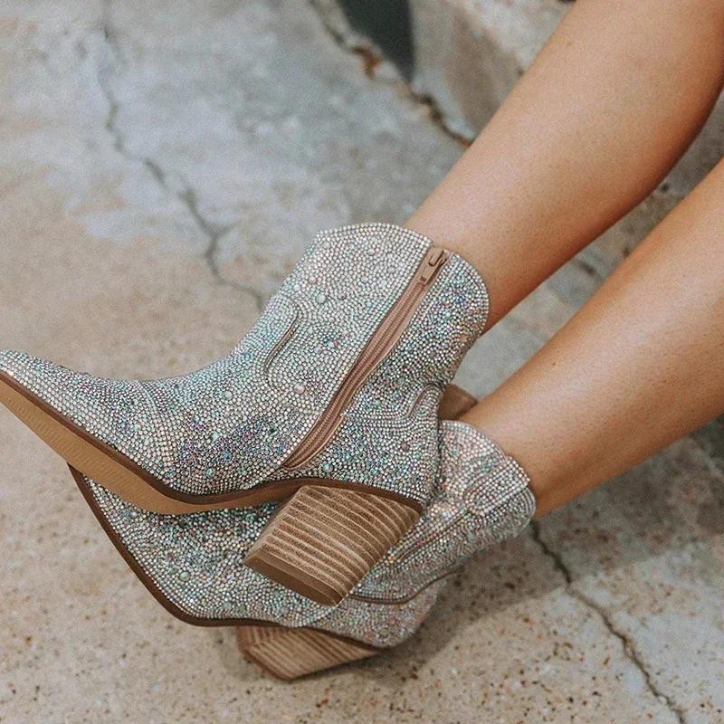 Botas de vaquero del oeste, botines de moda para mujer, brillo, tendencia brillante, tacones altos, zapatos de alta calidad - imagen 4