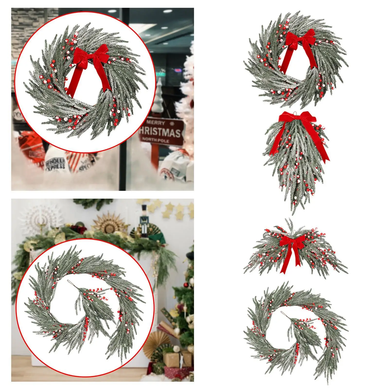 Christmas Garland Reusable Indoor and Outdoor Farmhouse Festival Home Decor Artificial Holly Red Berries Wreath Xmas Decoration