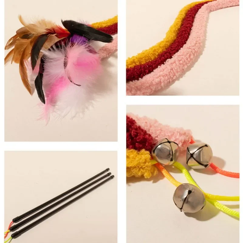 Juguete de plumas para gatos, palo de felpa a rayas, resistente a las mordeduras, palos con campana, productos para mascotas - imagen 3