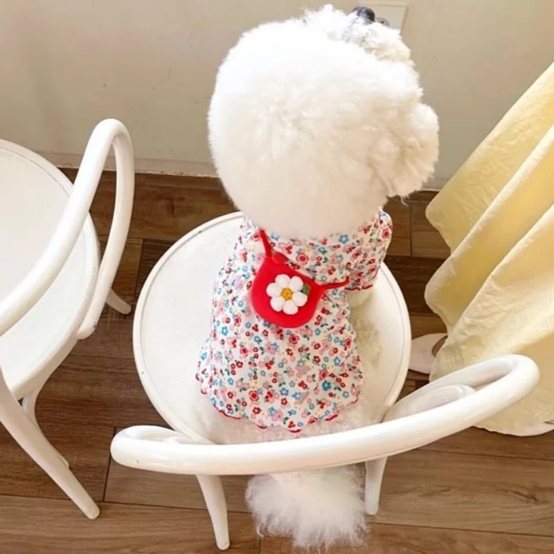 Vestido con estampado de flores para perro, chaleco con solapa a la moda para perro, ropa fina de verano para cachorros, falda de princesa para gato con manga voladora, disfraces para mascotas Chihuahua - imagen 2