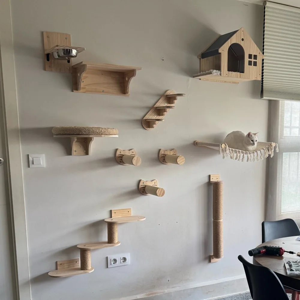 Centro de actividades para gatos montado en la pared Estantes de madera para gatos Columnas rascadores y cuerda de escalada para gatitos y gatos adultos para escalar - imagen 5