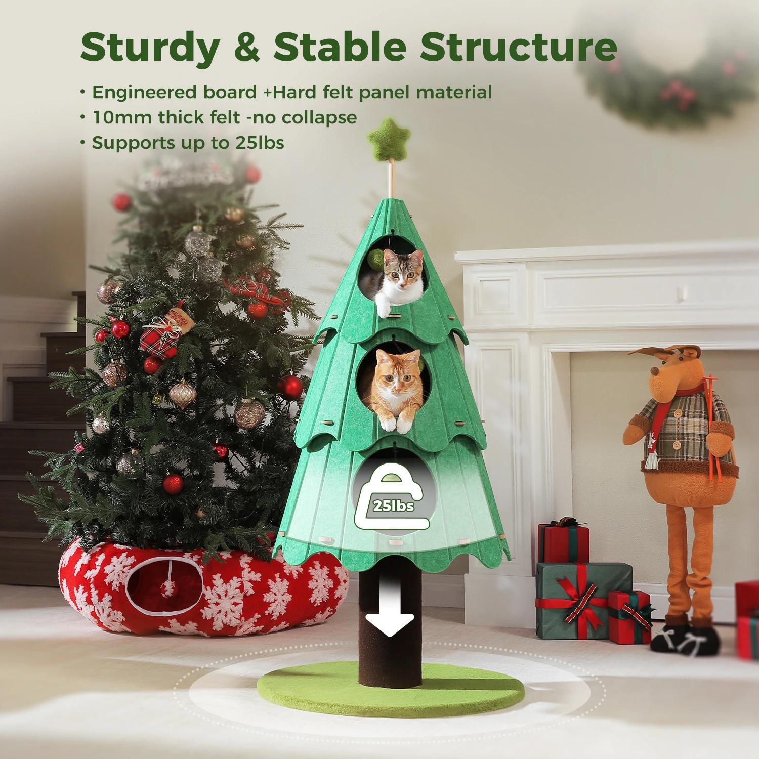 Torre de árbol de Navidad para gatos con 3 condones y pompones acogedores, casa para gatos de varios niveles, cama para gatos de interior, muebles modernos para gatos, juguetes para gatos - imagen 2