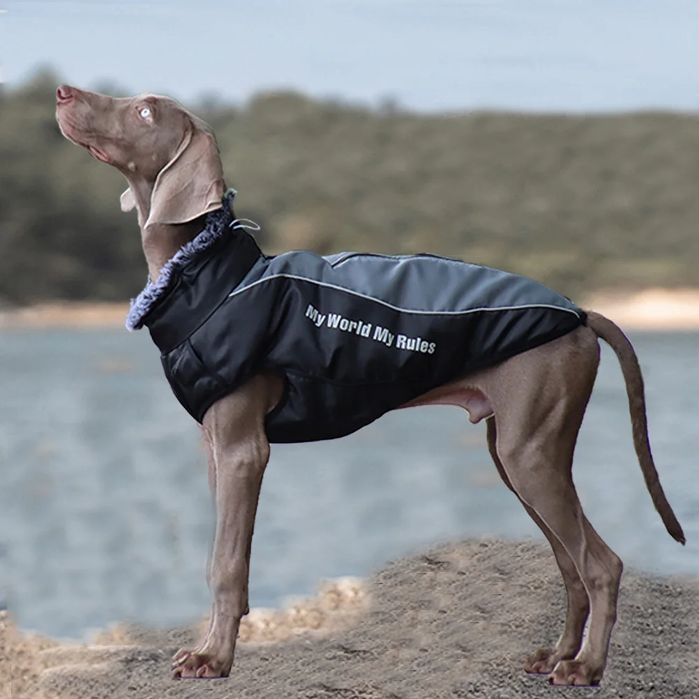 Abrigo grueso para perros grandes, chaqueta con Cuello de piel, ropa cálida de invierno para mascotas para perros medianos y grandes, trajes para mascotas Greyhound Doberman - imagen 4