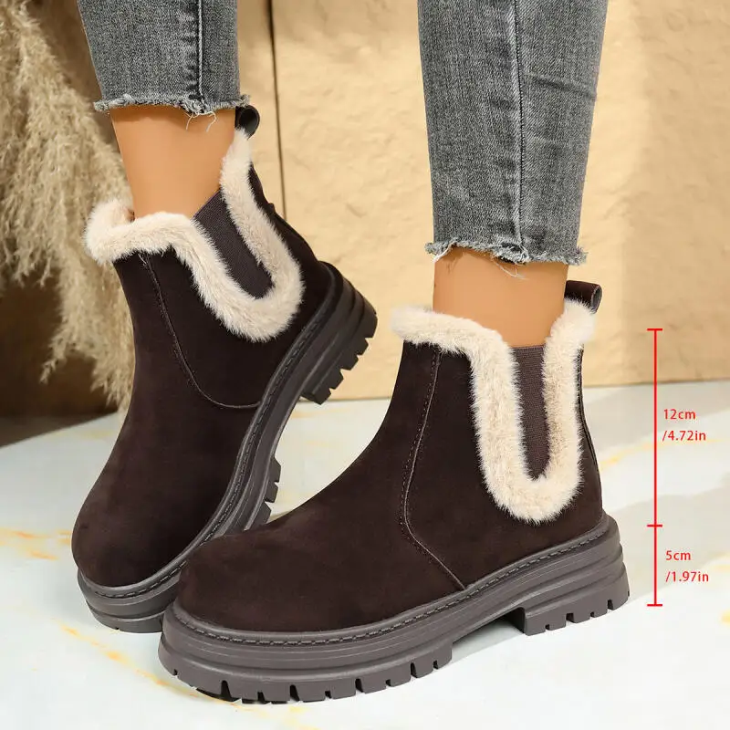 Botas de nieve de gamuza con parte inferior gruesa de piel esponjosa de lujo para mujer, botines cálidos de felpa para invierno, botines cortos Chelsea de talla grande para mujer