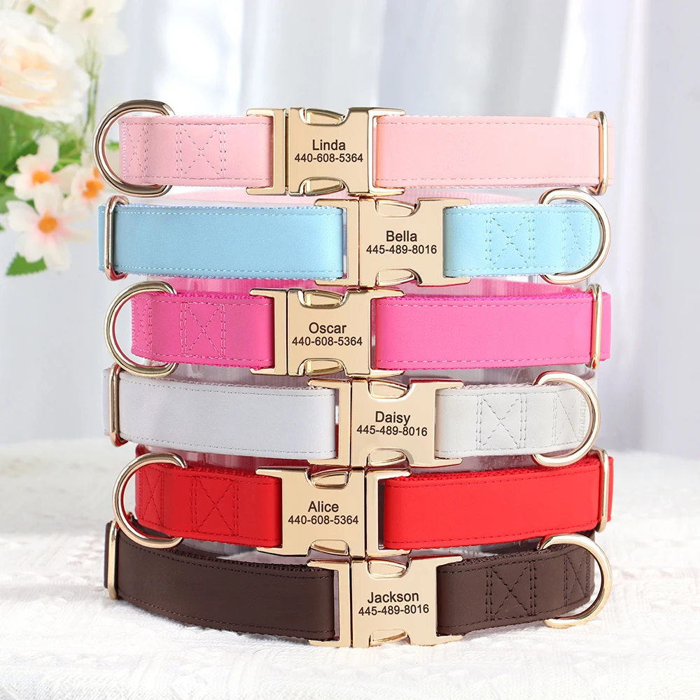 Collar de perro de cuero PU personalizado, collares de identificación de mascotas grabados gratis, Collar personalizado para cachorros, ajustable para perros pequeños y grandes, Pug - imagen 3