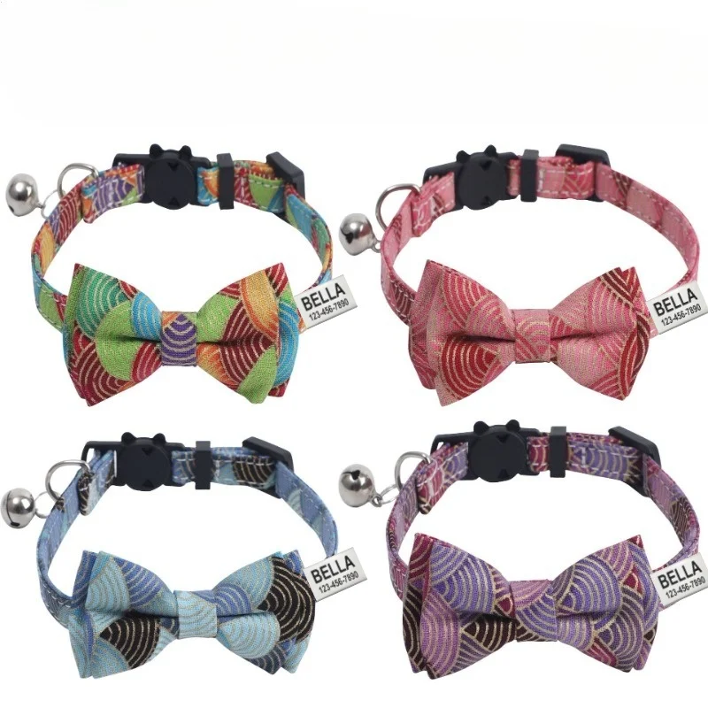 Collar de gato personalizado con nombre de campana, etiqueta de identificación personalizada, Collar de nailon para Collar de gato, pajarita, Collar de perro pequeño para cachorro, Collar de gatito
