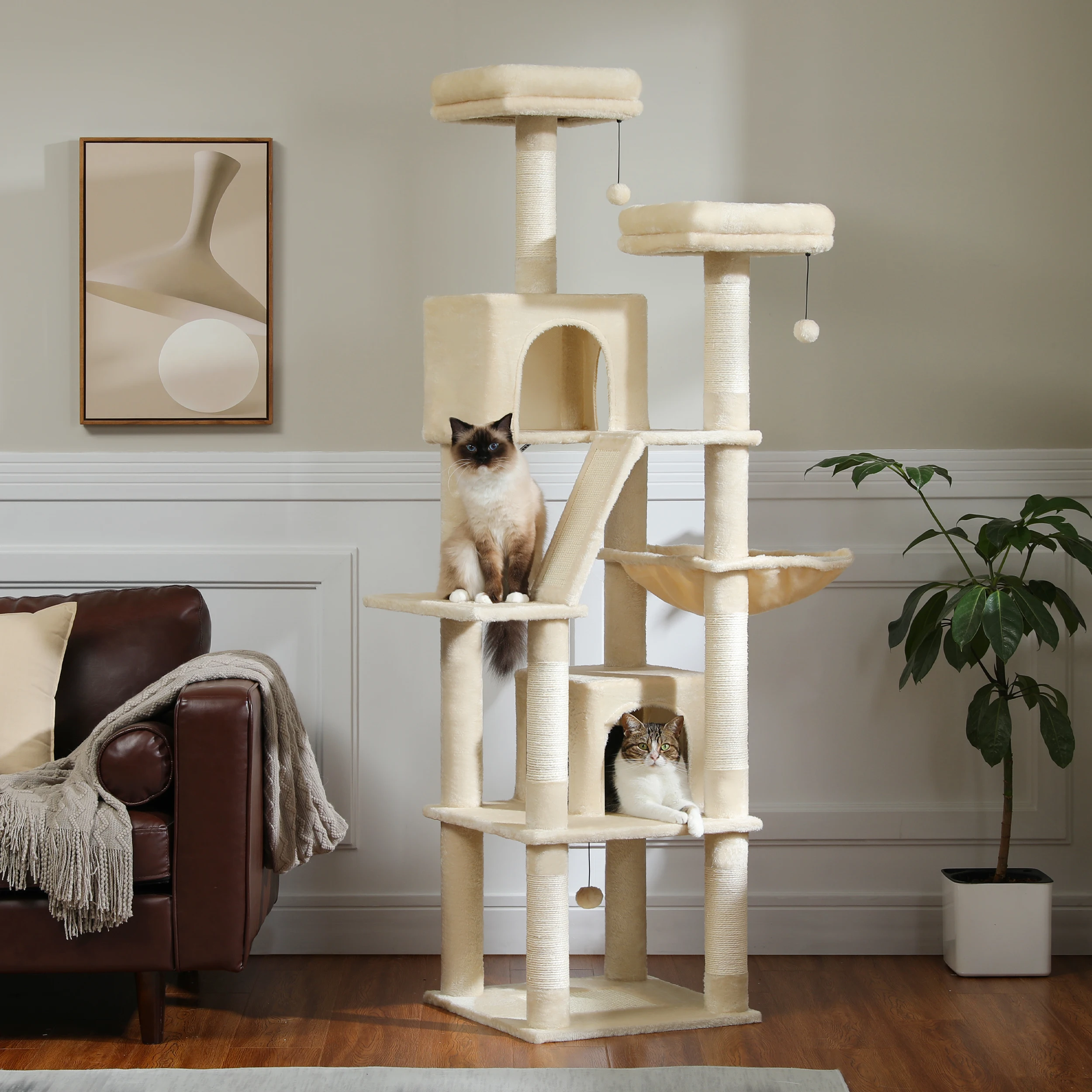 Árbol grande para gatos de H180CM, torre alta de interior para gatos, felpa de varios niveles con poste rascador de Sisal Natural, perchas para condimentos, hamaca - imagen 3