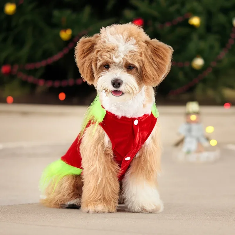 Tallas S–XL para perros pequeños y medianos Chaleco para perros con ribete peludo y árbol de Navidad, camisa navideña cálida de terciopelo, rojo/verde, flecos divertidos,