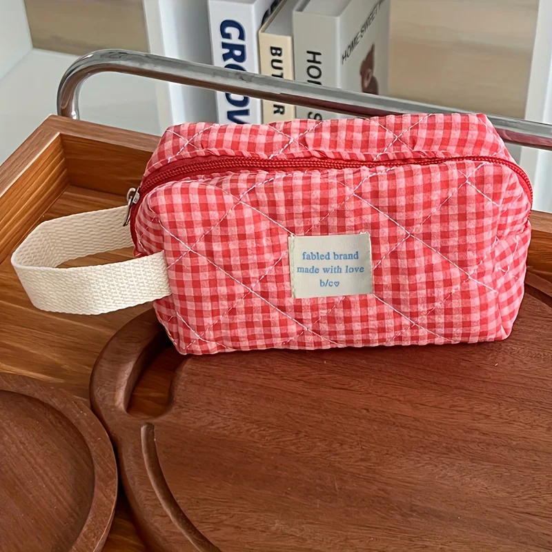 Bolsa de maquillaje a cuadros, bolsa de cosméticos portátil de gran capacidad para mujeres y niñas, bolsa de aseo para el cuidado de la piel, bonita cartera multifuncional - imagen 5