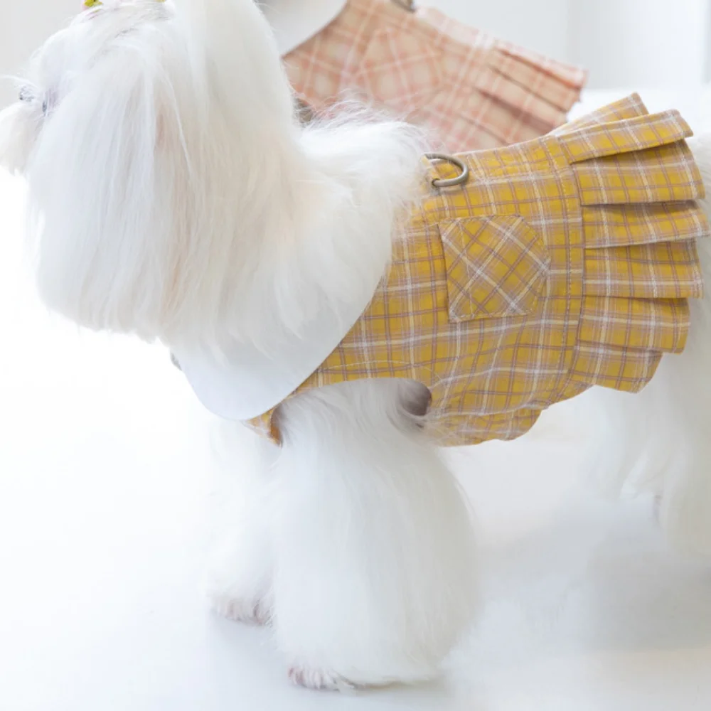 Falda para perro con correa para el pecho a cuadros de primavera, Falda corta de peluche Bichon con lazo de tulipán, conjunto de arnés y correa para perro, accesorios para perros - imagen 2