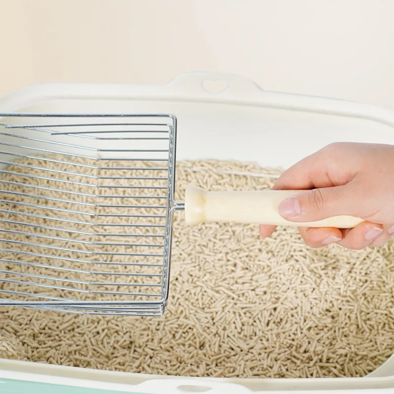 Pala de acero inoxidable para arena de gato, Herramientas de limpieza de inodoro con mango de madera y Metal, suministros para mascotas - imagen 4