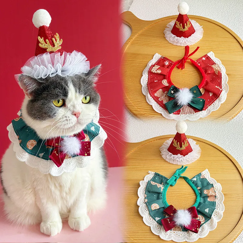 Bomei-Sombrero de Navidad para mascotas, conjunto de Collar para gato, bufanda bonita para perro, bufanda roja y verde para Nochevieja, accesorio para el cuidado de mascotas - imagen 2