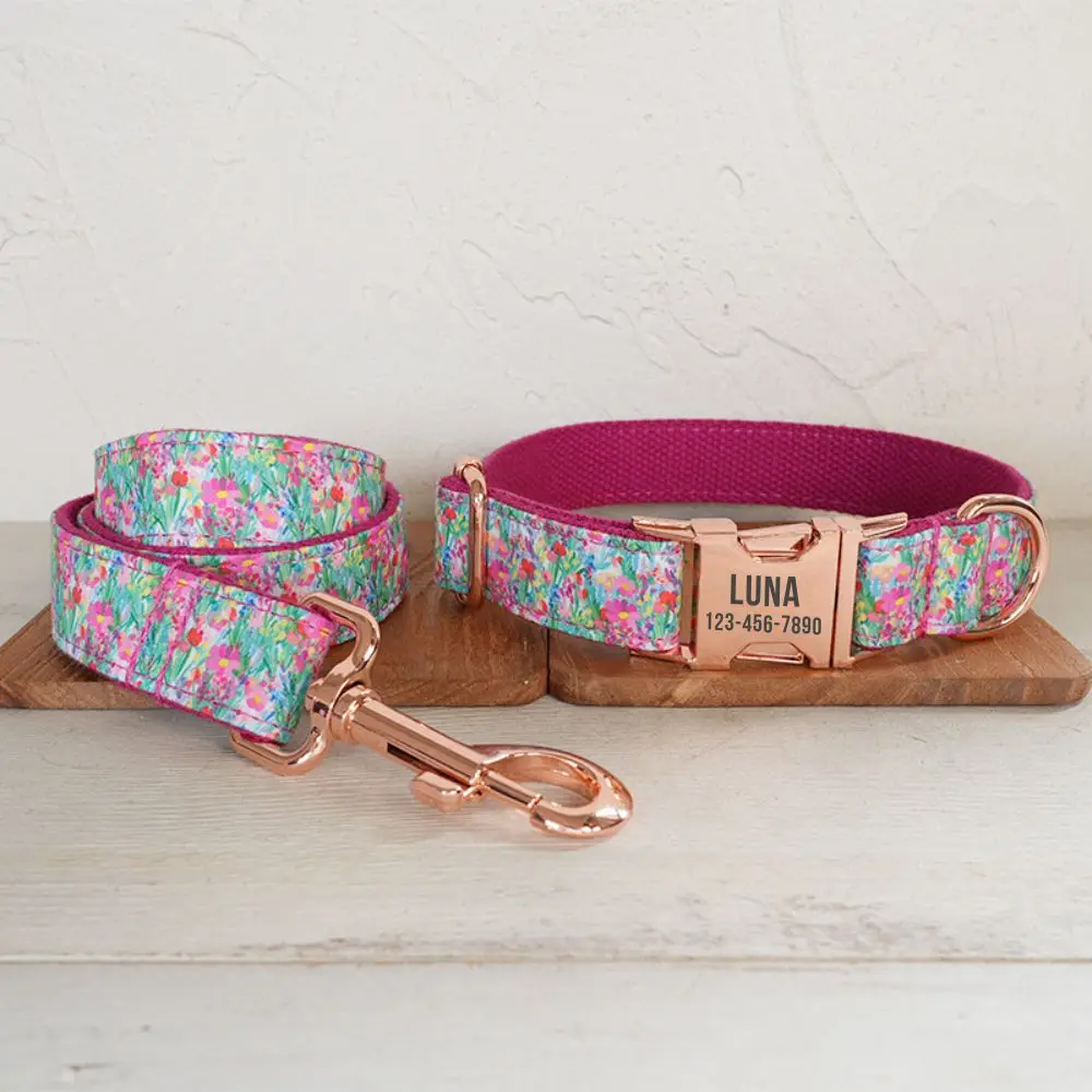 Personalized Dog Collar with Free Engraving, Matching Pet Leash,Customzied Contacts Metal Buckle, Painting Flowers Pet Collar