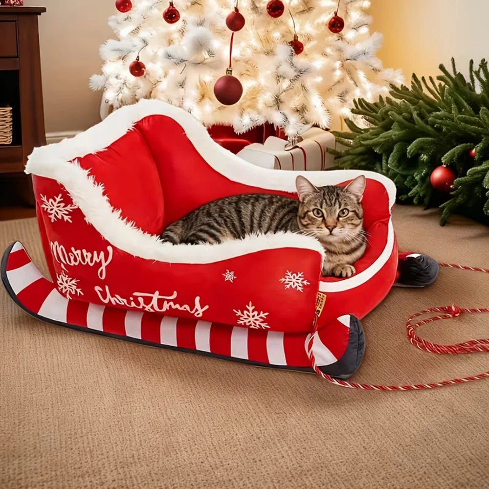 Trineo para gatos, cama para mascotas, regalo festivo de Navidad con diseño de copo de nieve rojo y blanco, cómodo tapete duradero para perros pequeños y gatos grandes - imagen 3