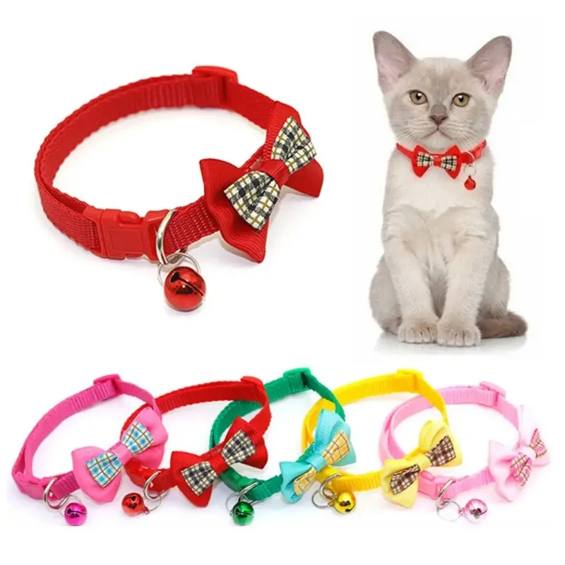 Pajarita ajustable con estampado a cuadros para mascotas, Collar de nailon, adorno para gatos y gatitos, accesorios de decoración con campana - imagen 3